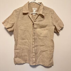Liz Claiborne Women 100% Linen Short Sleeve Button Down Shirt Sz M Tan Beige